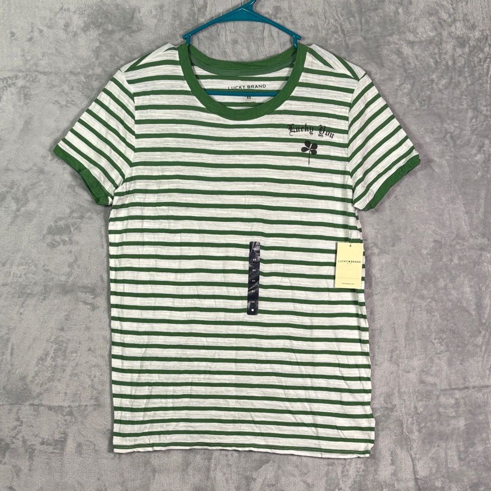 NWT New Lucky Brand White Green Striped Short Sleeve T Shirt Size XS